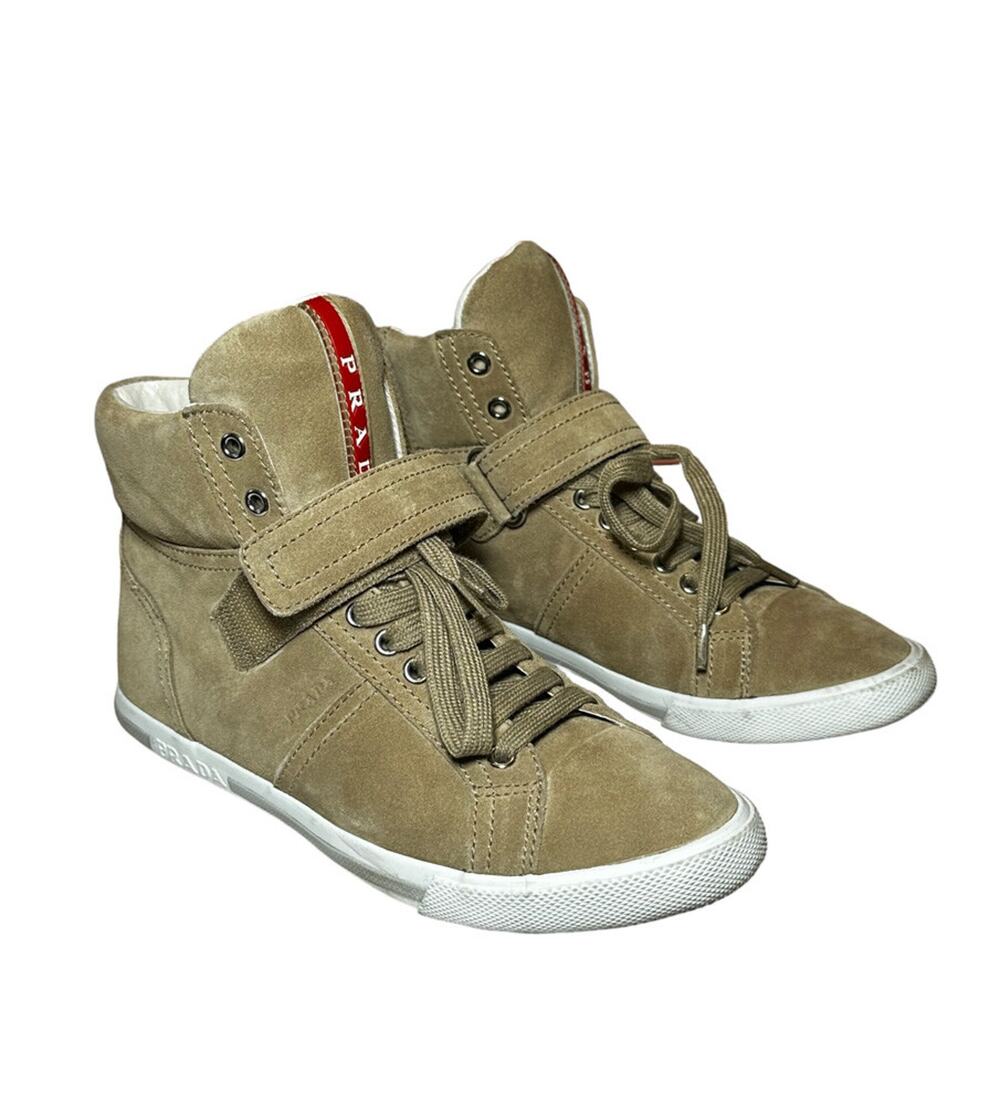 Prada Beige Suede High Top Sneakers Hook & Loop Strap Lace Up Women’s EU 36.5